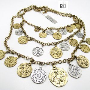 Vintage CAbi Coin Necklace Gold Silver Triple Strand Layered Statement Bib NWT